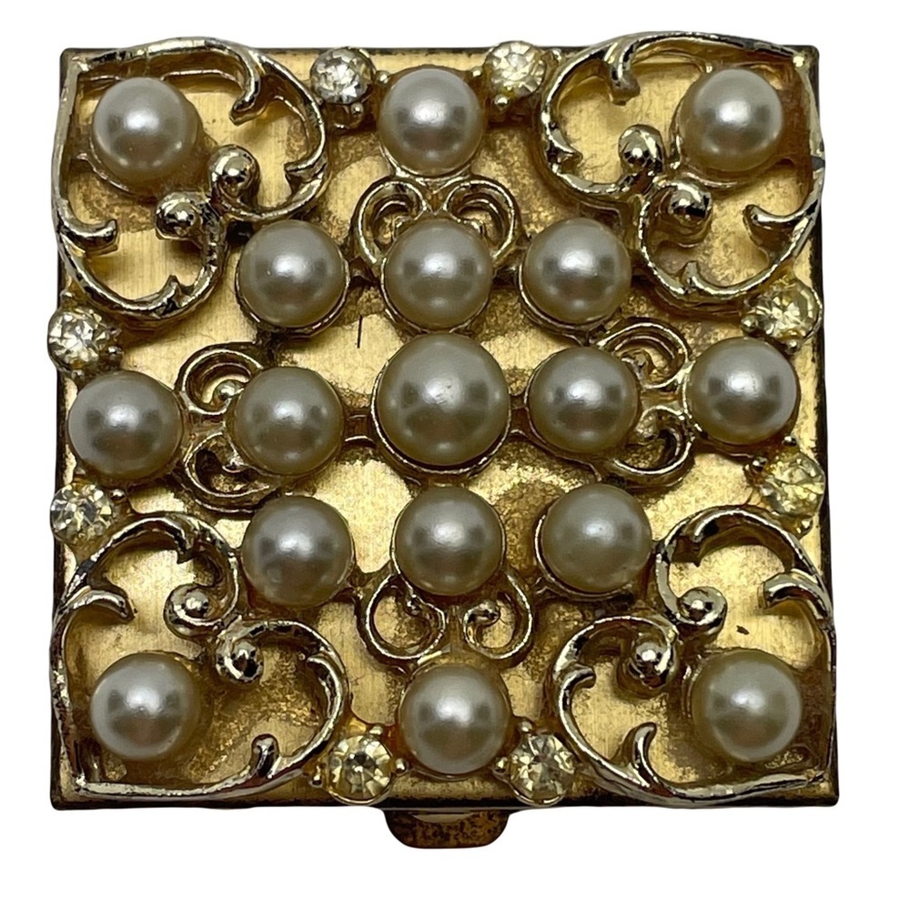 Vintage Gold Tone Pearl & Crystal Pill Box
